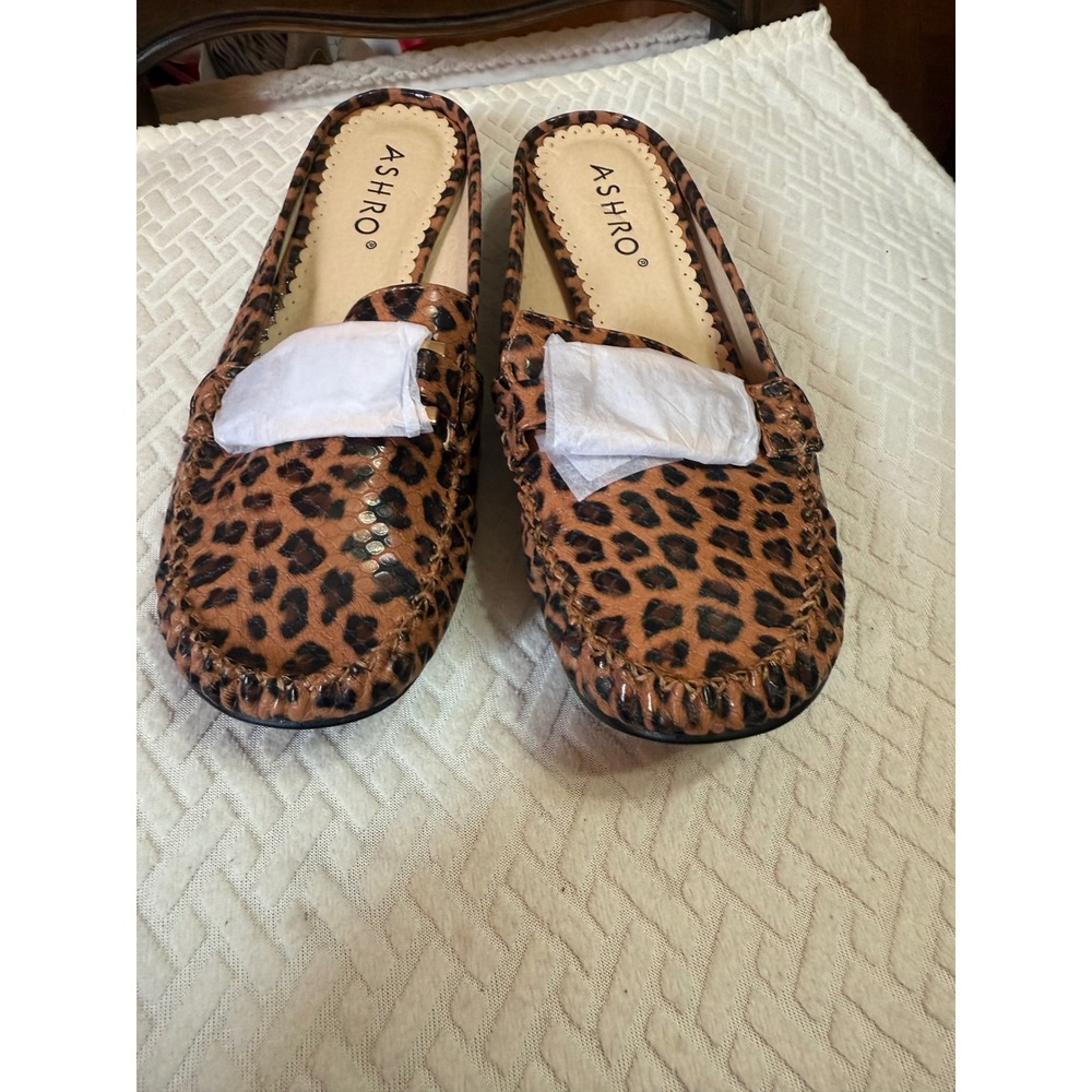 Ashro Womens Leopard Print Mule Loafers Backless Slip On Flats Brown Size 9W
